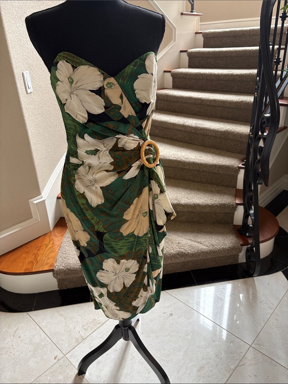 Strapless Green Floral Belted Sheath Dress with Ring Detail